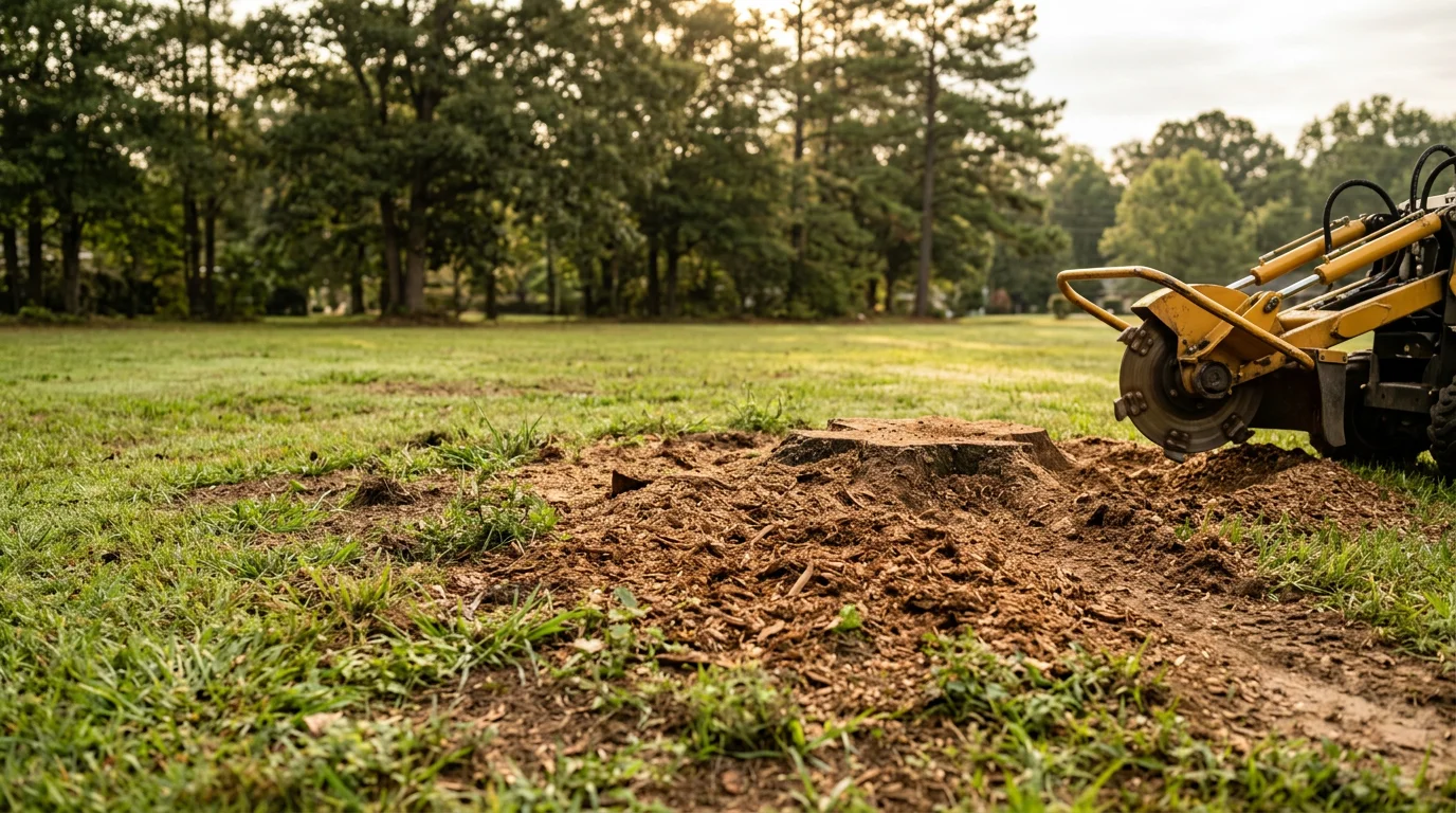 A freshly ground tree stump in a residential yard in Fountain Inn, South Carolina, with wood chips scattered around a below-grade hole and green lawn visible in the background. A stump grinder sits nearby after completing the job on a mature hardwood stump.