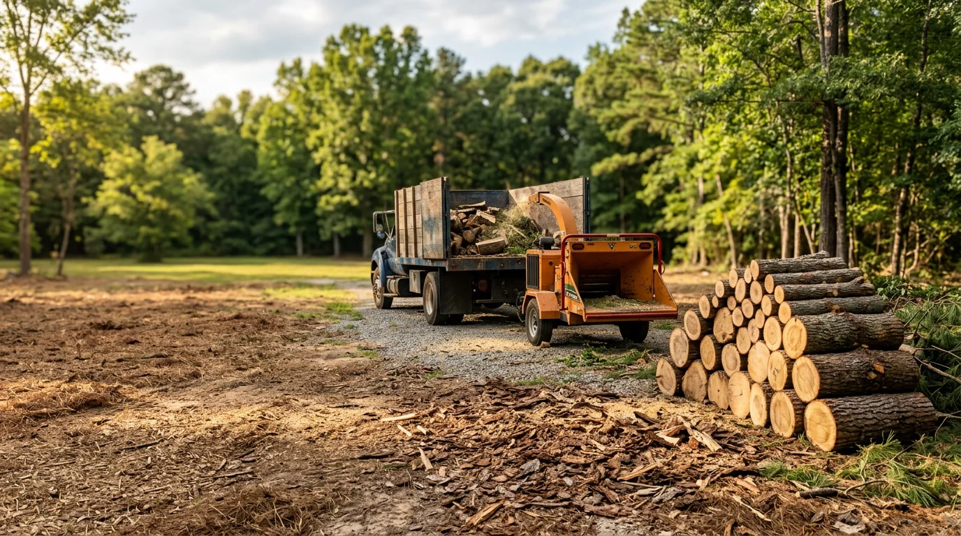 A cleared residential backyard in Fountain Inn, South Carolina, with all cut logs, limbs, and tree debris hauled away, leaving clean turf and open lawn space visible.