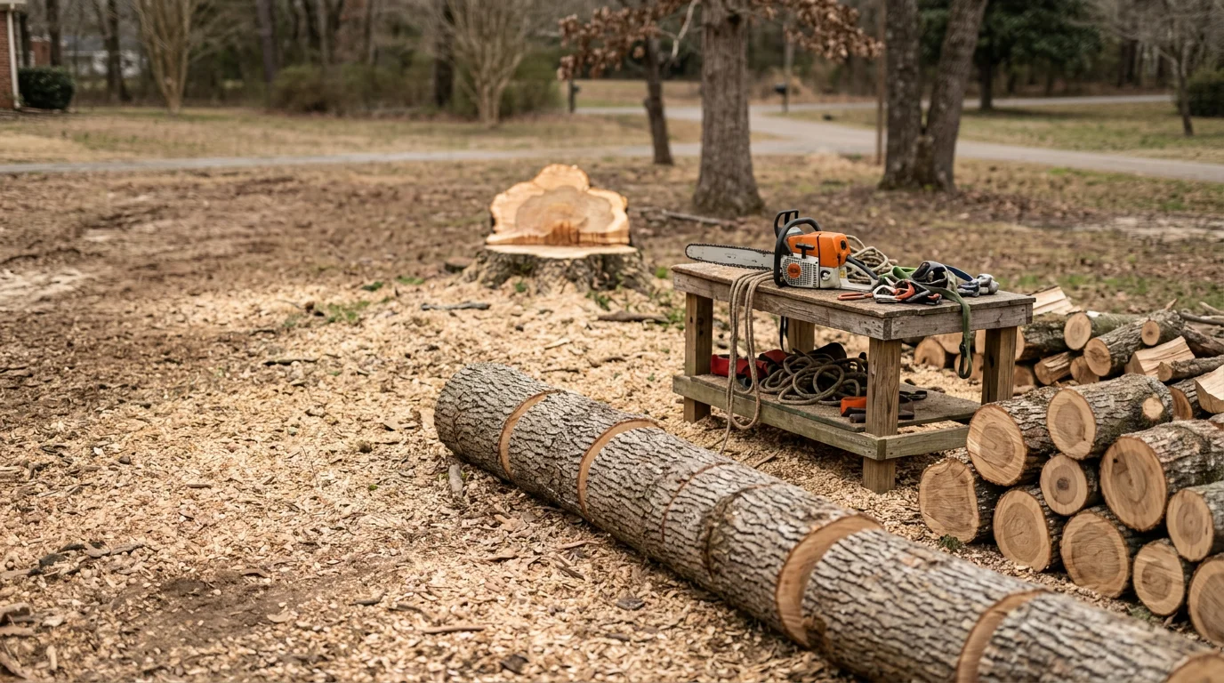 A large tree being removed from a residential yard in Fountain Inn, South Carolina, with the trunk sectioned and debris cleared from the surrounding lawn. A crew works around a nearby wooden fence on a typical Upstate SC property.