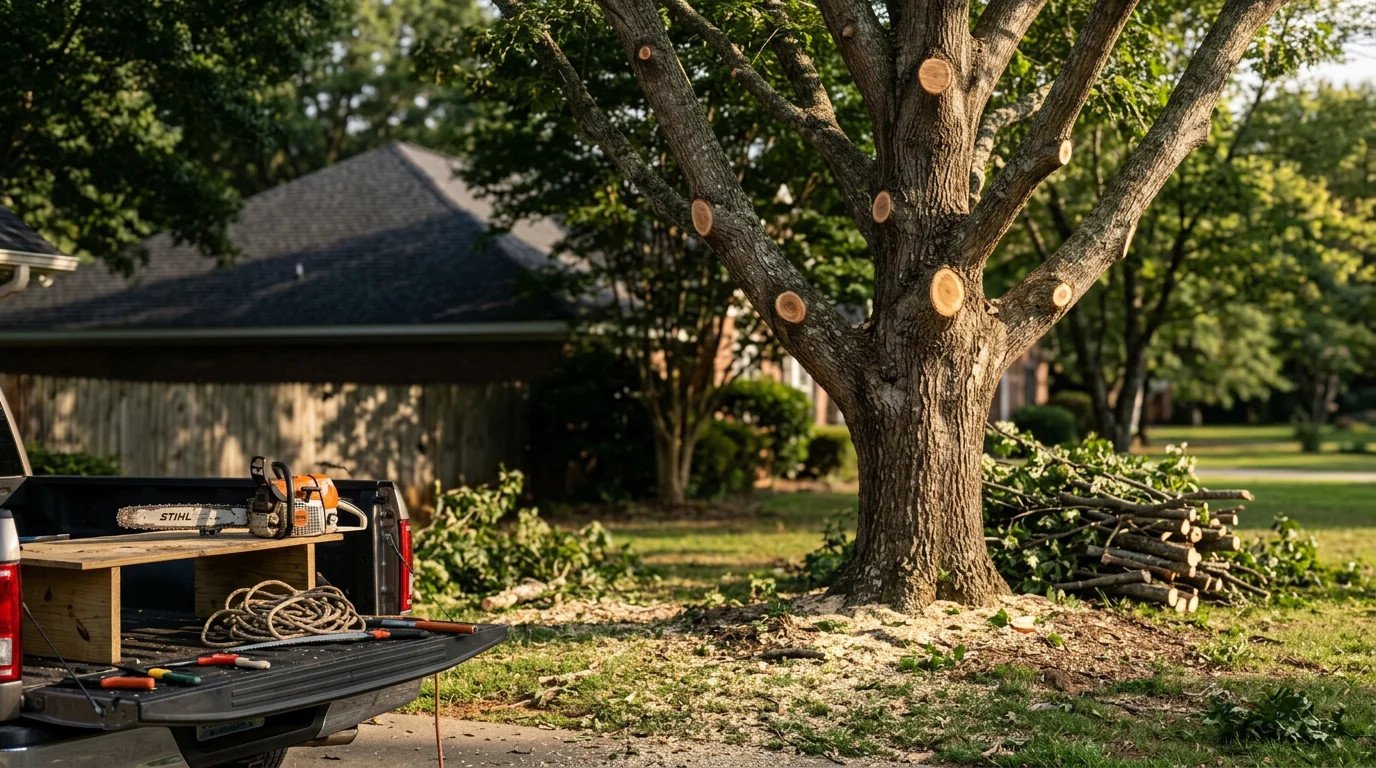A trimmed mature hardwood tree in a residential yard in Fountain Inn, South Carolina, with clean cuts, an open canopy, and branches cleared away from a nearby roofline.