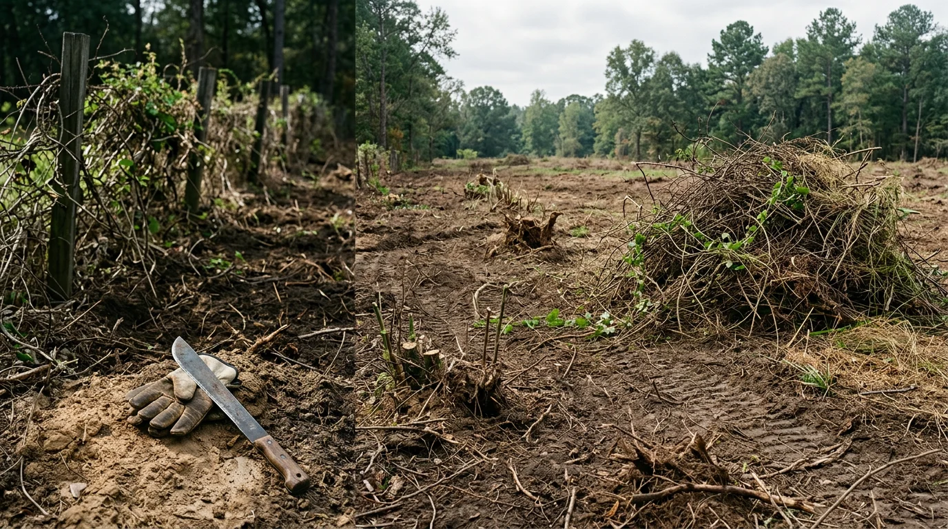 A cleared fence line on a residential property in Fountain Inn, South Carolina, showing bare ground where thick vines and briars have been fully removed. The surrounding lawn and neighboring vegetation remain intact, with clean property edges visible after vegetation clearing work.