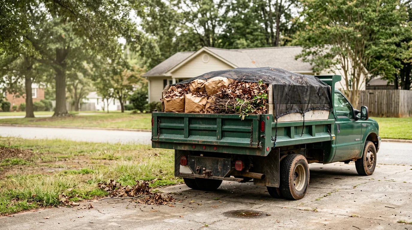 A cleared residential yard in Fountain Inn, South Carolina with no remaining piles of leaves, clippings, or cut shrubs after yard waste hauling service. A truck is visible at the curb ready to depart with the loaded organic debris.